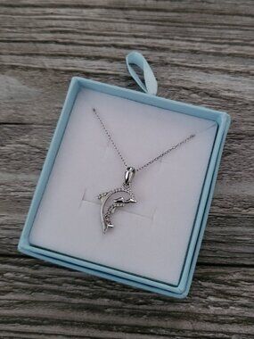 NWOT Genuine 925 Italy Sterling Silver CZ Dolphin Pendant Necklace